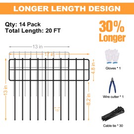 KYATE Garden Fence Animal Barrier, 14 Panels No Dig Fence 20ft(L) x13in(H), Rustproof Metal Defense Border, Dogs Rabbits Blocker Fence for Outdoor Yard & Patio