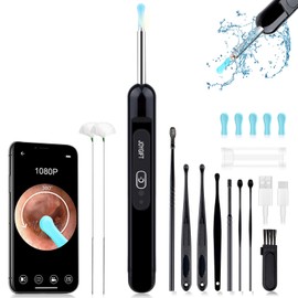 Ear Wax Removal, Ear Cleaner with 1080P HD Camera, with 6 LED Lights/IP67 Waterproof Lens/8 Traditional Tools Ear Wax Removal Kit, Rechargeable Ear Cleaning kit for iOS, Android, Tablet (Black12)