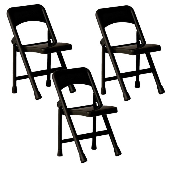 Set of 3 Plastic Toy Miniature Black Folding Chairs for Action Figures, Dioramas, Models