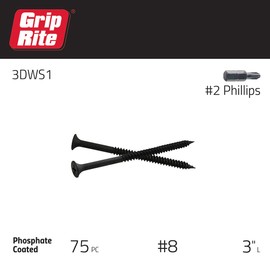 Grip-Rite 3DWS1#8 X 3" Phillips Bugle Head Fine Thread Sharp Point Drywall Screw, 1lb Box
