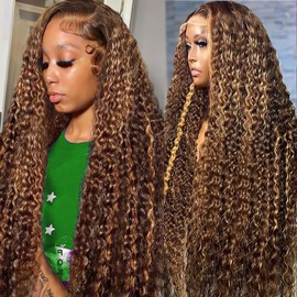 SOEZ Highlight Ombre Lace Front Wig Human Hair 13x4 Deep Wave Lace Front Wigs Human Hair Honey Blonde Full Lace Frontal Wig Human Hair 180% Density 4/27 Colored Curly Human Hair Wig for Women 24 Inch