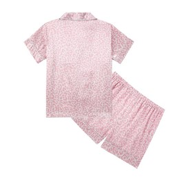 JiAmy Pyjamas Girls Satin Short Sleeve Children's Pyjamas Summer Button-Down Pjs Two Piece Sleepwear Lounge Sets Age 5-10, Pink Leopard
