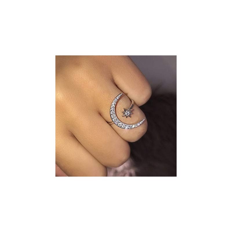 Cutedoumiao Silver Opening Ring Crescent Shape Rhinestone Finger Band Half