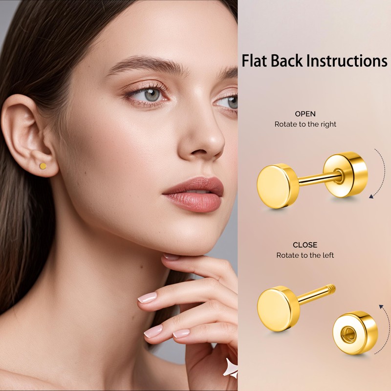 TitanHeart Hypoallergenic Titanium Screw Back Flat Back Dot Stud Earrings
