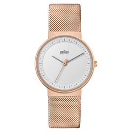 Braun Ladies 3-Hand Analogue Quartz Watch, White Dial and Rose Gold Milanese Mesh Strap, 33 mm Rose Gold Case, Model BN0031RGMHL, White, Bracelet