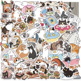 50 Pcs Cartoon Cat Stickers, Kawaii Cat Decals, Watercolor Kitty Pack for Kids Teens, Cute Cat Vinyl Waterproof Stickers for Laptop Computer Luggage Water Bottle Scrapbook Skateboard