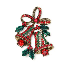 EVER FAITH Christmas Jewelry Austrian Crystal 2 Inches Enamel Green Evergreen Leaf Double Bells Bowknot Brooch Party Accessories Holiday Jewelry Gift for Women Red Antique Gold-Tone