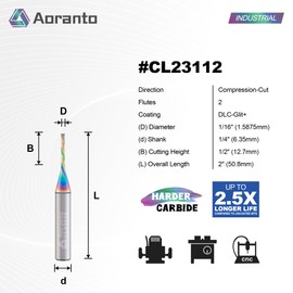 Aoranto CL23112 1/16" Up&Down Compression Spiral CNC Router Bit 1/4" Shank, Industrial Quality Extra Long Life Coating Solid Carbide End Mill for Wood Mortise Slot Carving, 1/16" Dia x 1/2" CL, 2 Pack