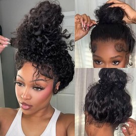 CHEETAHBEAUTY Upgraded Hidden Straps 360 Lace Front Wigs Human Hair 250% Density Deep Wave 360 Full HD Lace Wigs with Drawstring Pre Plucked With Baby Hair for Women Natural Black(28inch)