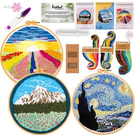 Fashhut 3 Sets Embroidery Kit with Tutorial Videos, Stamped Patterns – Hand Embroidery Kits for Kids and Adults, 1x Hoop, Needles and Threads | DIY Landscape Starter Embroidery Kit Cross Stitch Kit