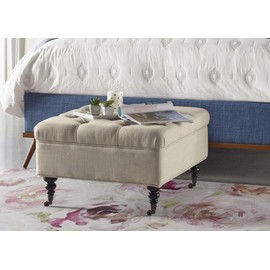 Serta Abbot Square Tufted Ottoman with Storage Space, Built-In Casters, Compact Size with Hinged Lid, Tool-Free Assembly, Fabric Upholstery, Ivory