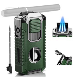 5-in-1 Multifunctional Torch Lighter with Cutter, Punch, Holder, and Windproof Triple Jet Flames, Refillable Butane Lighter for Travel, Outdoors, Accessories Gift for Men (Butane Not Included)