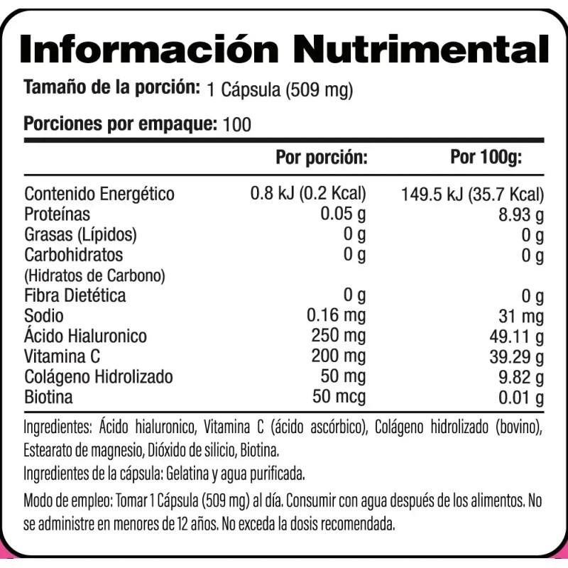 Ácido Hialurónico 250mg | Con Vitamina C, Colágeno y Biotina