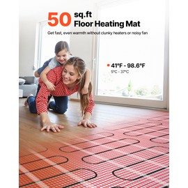 VEVOR 50 sqft Self-Adhesive Mesh Floor Heating Mat System, 120V Electric Radiant Heated Floor System, with Smart Control Thermostat & Alarm, Easy Installation for Tile, Stone, Vinyl