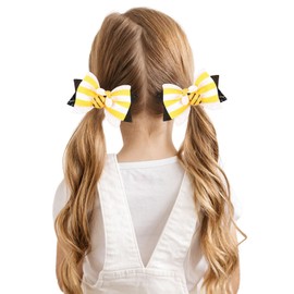 Cute Girls Bee Hair Accessories - Glitter Yellow & White Striped Hair Bows and Barrettes, 2Pcs