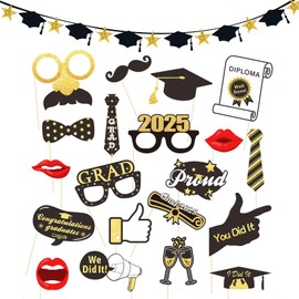 Graduation Decorations Set, Graduation Banner + 25 Graduations Decorations Photo Booth Props, Black and Gold Fancy Selfie Props for Graduations Party