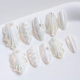 Sun&Beam Nails Handmade Nail Tip, Medium, Long, Almond, False Claws, Mermaid Scales, Shells, Pearl, Sparkle, Popular, 3D, Fashionable, Cute Design, 10 Pieces (#30, White, S)