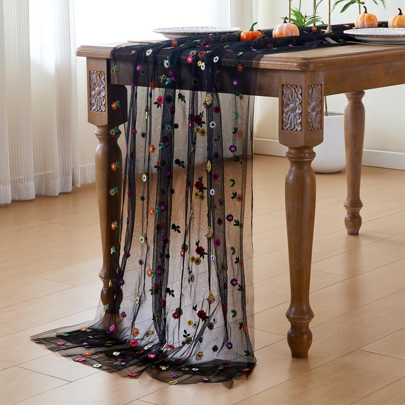 JIALE Black Floral Table Runner, Embroidery Daisy Seasonal Table Decorations,
