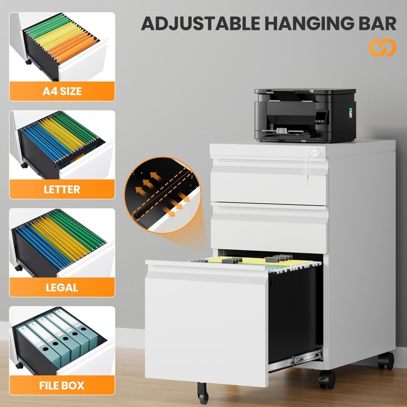 AFAIF 3 Drawer Mobile File Cabinet with Lock, Rolling File
