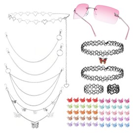 Fourluoo 60 Pcs Y2k Accessories Set Included Y2k Black Choker Bracelet Ring Sunglasses Butterfly Hair Clips Silver Chain Belt 2000s Accessories Set for Women Jewelry Sets Party Costume Gifts