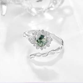 PRAYMOS Moss Agate Ring 925 Sterling Silver Sunflower Rings Flower Ring You Are My Sunshine Ring Adjustable Rings for Women …