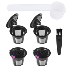BOXOB Pack of 4 Refillable Coffee Filters for Keurig 1.0 and 2.0 Brewers, Reusable Coffee Filter Cups with Spoon and Brush, Coffee Pods Capsules with Stainless Steel Strainer (Black)