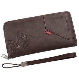 YUEcthynous Long Wallets Men's Wallet PU Leather Zip Wallet Many Card Slots with Hand Strap Large Capacity Single Zip Men's Wallet (Dark Coffee), Dark coffee, M, Retro