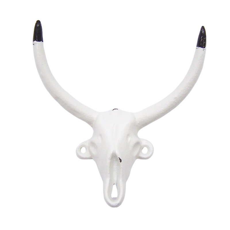 Decorative Cast Iron Bull Horns Wall Decor, 6 Inch, White,