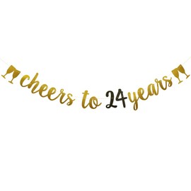 Cheers to 24 Years Banner，Pre-strung，24th Birthday Party Decorations Supplies，Gold Glitter Paper Garlands Backdrops, Letters Gold Betteryanzi