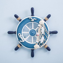 TopHomer Helmsman Decoration Nautical Beach Wooden Boat Ship Steering Wheel Fishing Net Shell Home Wall Decor White
