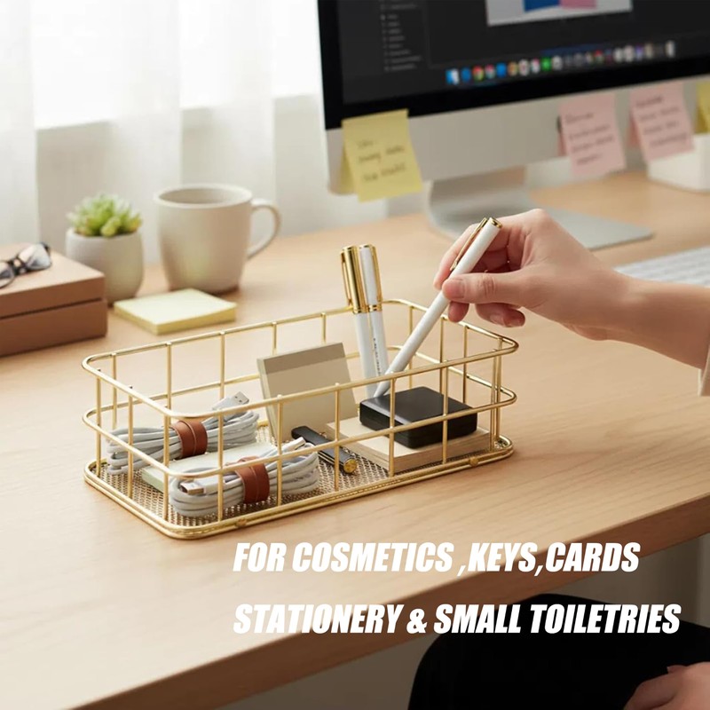 2Pcs Small Gold Wire Mesh Storage Basket Cosmetic Desk Organizer