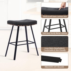 Saddle Stool Set of 2 Counter Height Bar Stools Modern Ergonomic Upholstered Barstools Backless Industrial Bar Chair Metal Footrest for Kitchen Island Home Dining Room Bar Pub Cafe 24 Inch Grey