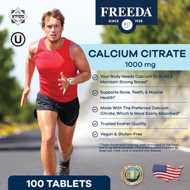 Freeda Calcium Citrate – Kosher Vegan Bone Strength Supplement – Supports Bone Density & Muscle Function – Calcium 1000mg per Serving – No Added Vitamin D – (250 Tablets)