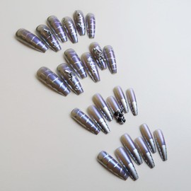 Press on Nails Long Artifical Acrylic Fake Nails Blue Snake Pattern Rhinestone Design French Square False Nails Full Cover Coffin Nails DIY Stick on Nails Supplies Glue on Nails for Women 24Pcs