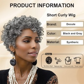 DOcute Short Gray Wigs For Women Grey Curly Wig Salt And Pepper Curly Bob Curly Glueless Wig Short Hair Afro Wigs For Black Women Black Wig（Black And Gray）