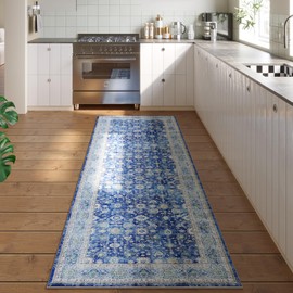 Rugcomf Runner Rug 2'6''x8' Hallway Runner Rug Washable Boho Rug Soft Area Rug Non-Slip Faux Wool Vintage Rug for Kitchen, Entryway, Laundry, Bedroom, Indoor (Blue)