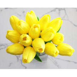 Ooki 15pc Multi Color Real Touch Latex Tulip Bundle Artificial Flower Home Wedding Baby Bridal Garden Decor Decorations DIY Scrapbook Craft Tulips Mixed Centerpiece (Yellow)