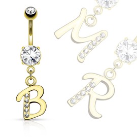 (1 piece) GOLD Plated LETTER Initial Dangle Belly Ring 14g (H) (B/1/4)