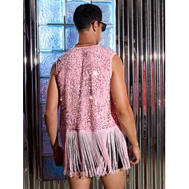 WDIRARA Men's Contrast Sequins Fringe Trim Sleeveless Open Front Party Club Jacket Pink M