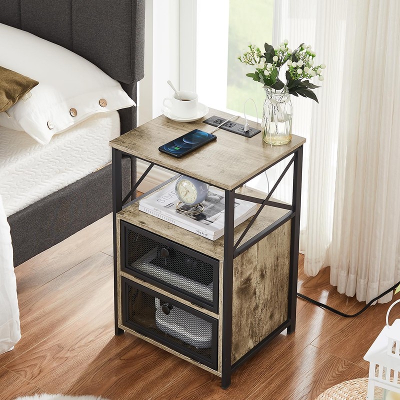 VECELO Dust Grey End Table with USB Ports and Outlets,24