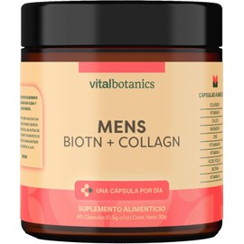 MENS Biotin + Colageno Hidrolizado con Vitamina A, D, E, B5, B9, Biotina, Calcio, Magnesio, Zinc y Colágeno. 60 capsulas de 500mg (2 meses).VitalBotanics. Suplemento para Hombre. Hydrolyzed Collagen.