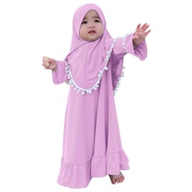 Infant Ramadan Dress Baby 1-2 Year Old Muslim Clothes Long Bell Sleeve Ruffle Dresses with Hijab Robe Eid Outfits Toddler Girls Newborn Baby Clothes For Girls Lavender Purple Pom-poms 2-3 Years