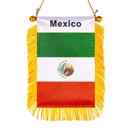 WXTWK 3 X 5 Inch Mexico Flag Mexican Window Hanging Flag Small Mini Car Flags Banners Rearview Mirror Decoration With Suction Cup Golden Fringy Banner
