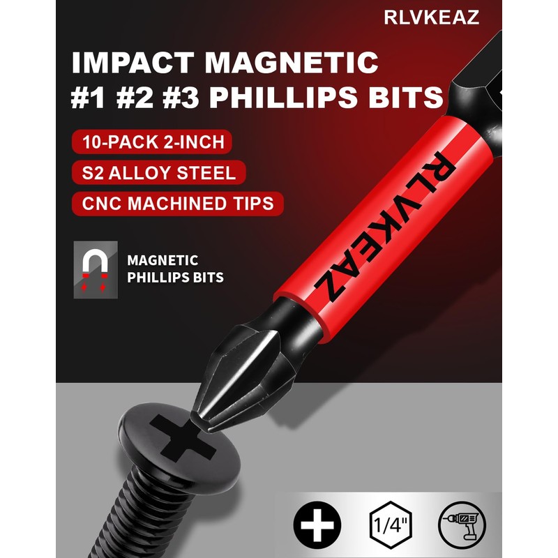 10-Pack Phillips Bits #1#2#3 Impact Magnetic, 2 Inch Phillips Head