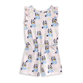 Bluey Girls Light Pink Sleeveless Playsuit | Floral Crew Neck Outfit with Ruffle Detail & Pockets | Casual Summer Wear Bingo Character Design | Comfortable Kids Apparel - 18-24 Months