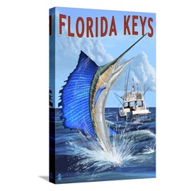 ART.COM Stretched Canvas Print Florida Keys, Florida - Sailfish Scene by Lantern Press, 12" x 18"