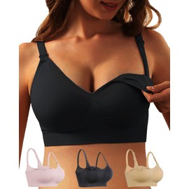 iloveSIA Paquete de 3 brasieres de Lactancia sin Costuras para Mujer, Negro, Rosa (Black+Nude+Pink), XL