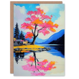 Artery8 Greeting Card Cherry Blossom Tree by Lake Coastal Landscape Blank For Him Or Her Art Birthday Card