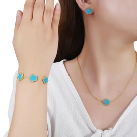 RWQIAN 3 PCS Blue Clover Bracelets Set,Gold Plated Clover Necklace Earring Adjustable Bracelets for Women,Lucky Five leaf Clover bracelets with Design Clover Necklace,Charm Jewelry Set for Women