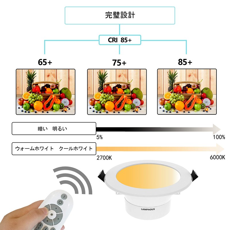 Lampaous 9w LED Downlight, Recessed Mount, Stepless Dimmable Ceiling Light